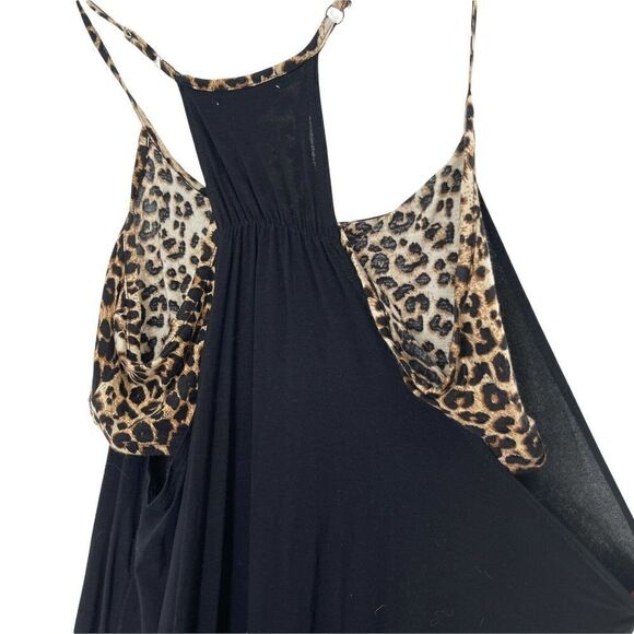Cherish Black Leopard Layered Mini Dress Size S Casual Low Side Stretch Jersey - Picture 5 of 7